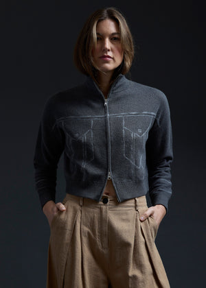 Taupe Grey Trompe L'oeil Embroidery Zip Cardi