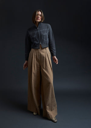 Taupe Grey Trompe L'oeil Embroidery Zip Cardi