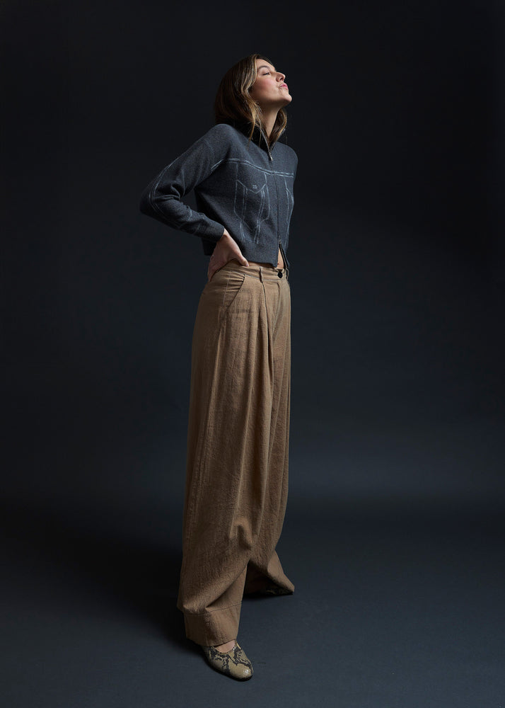 Taupe Grey Trompe L'oeil Embroidery Zip Cardi