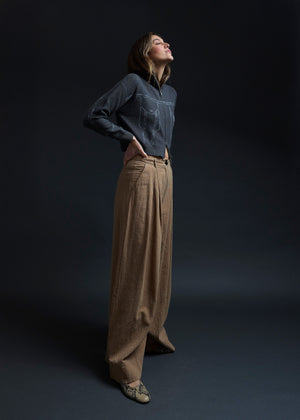 Taupe Grey Trompe L'oeil Embroidery Zip Cardi