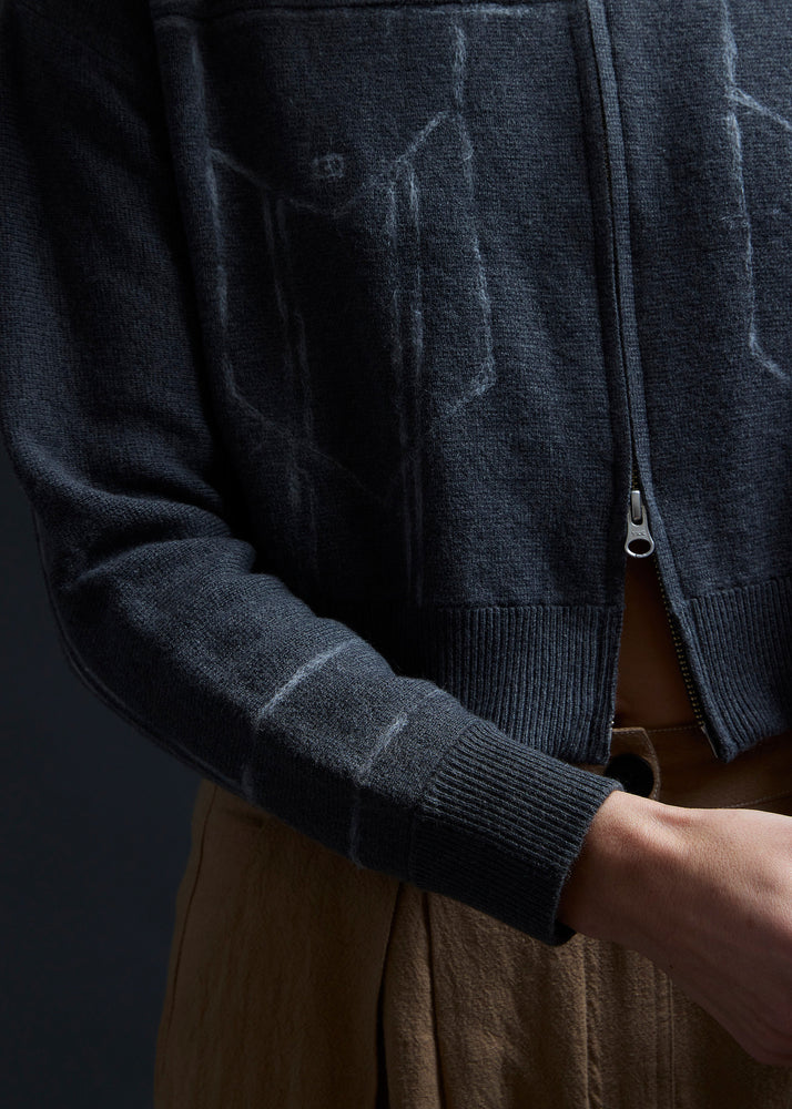 Taupe Grey Trompe L'oeil Embroidery Zip Cardi