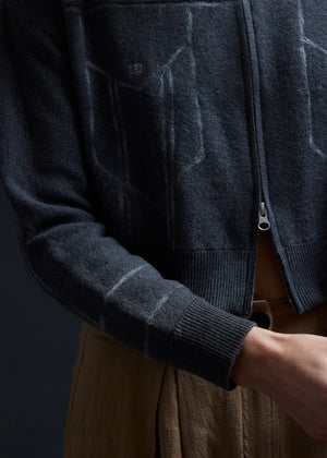 Taupe Grey Trompe L'oeil Embroidery Zip Cardi