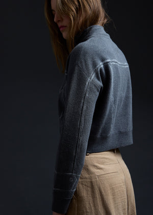 Taupe Grey Trompe L'oeil Embroidery Zip Cardi