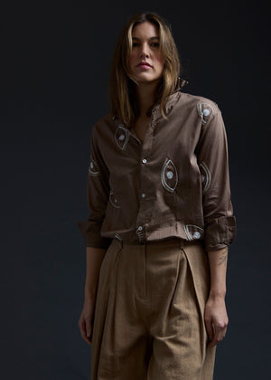 Peanut Eyes Embroidery Gathered Hem Shirt