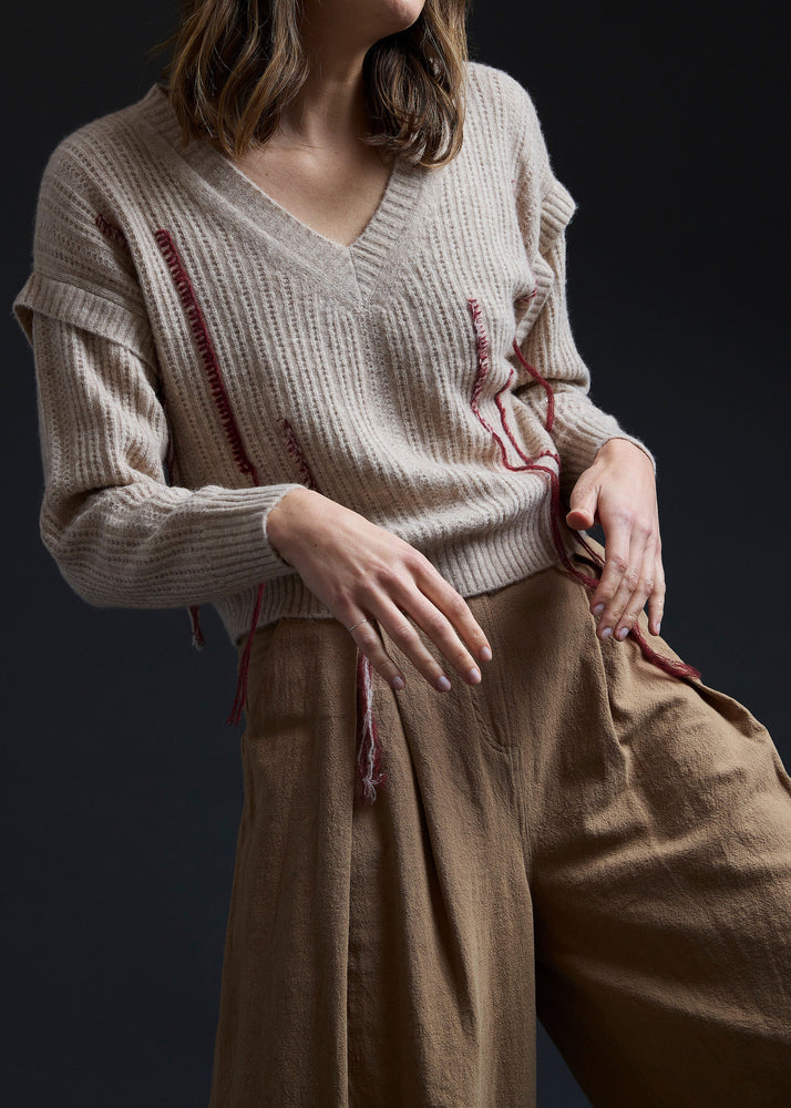 Oat Fringe V-Neck Pullover
