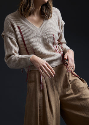 Oat Fringe V-Neck Pullover