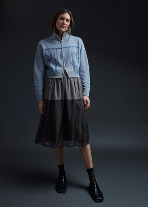Light Denim Trompe L'oeil Embroidery Zip Cardi