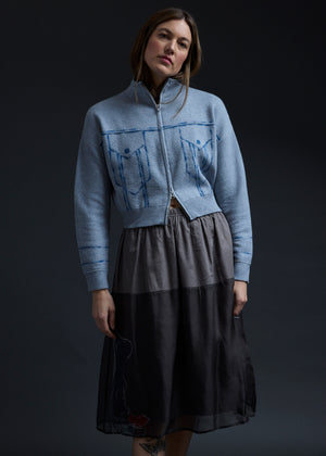 Light Denim Trompe L'oeil Embroidery Zip Cardi