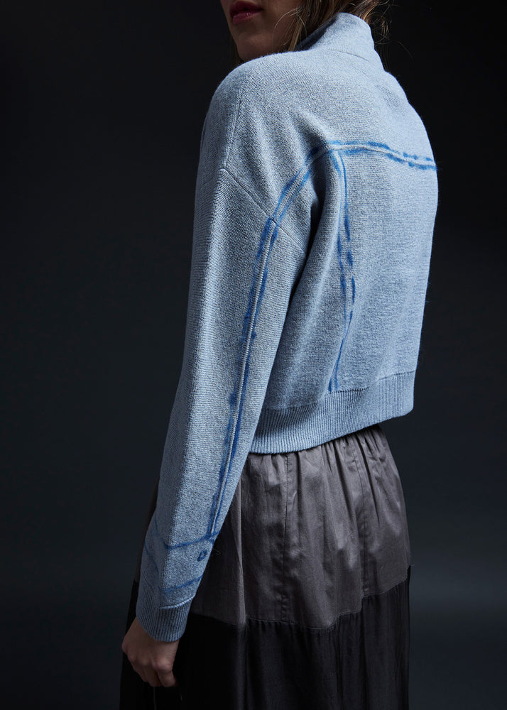 Light Denim Trompe L'oeil Embroidery Zip Cardi