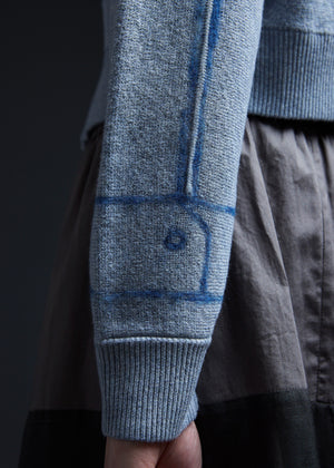 Light Denim Trompe L'oeil Embroidery Zip Cardi