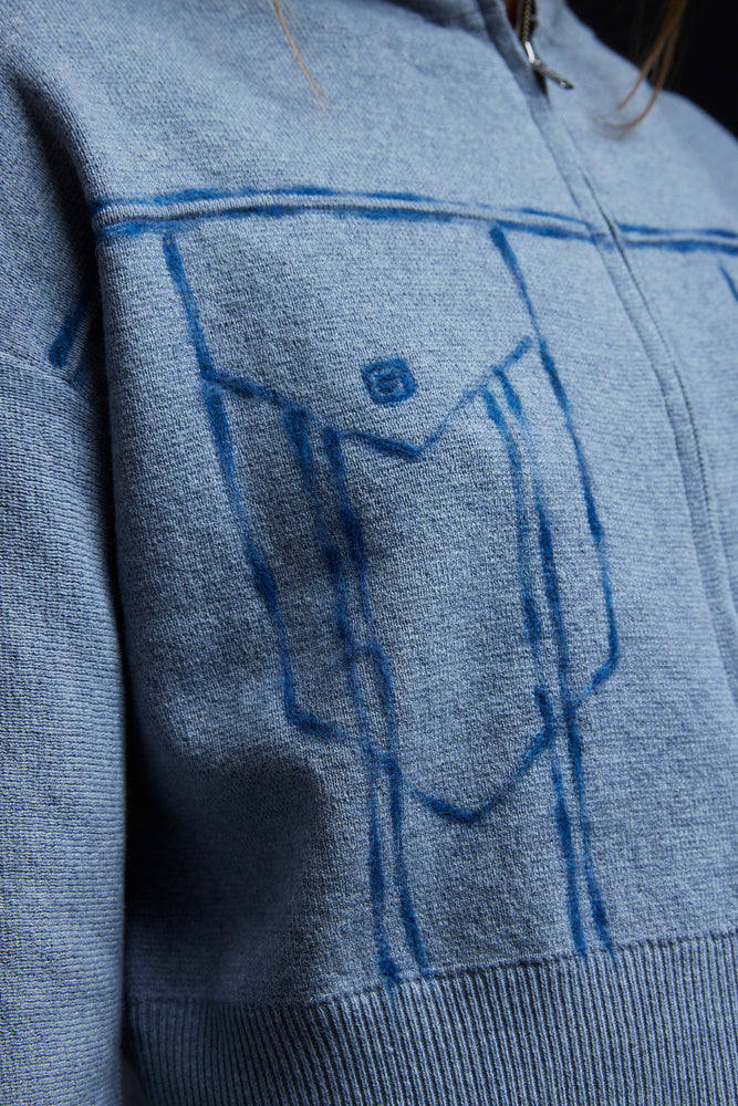 Light Denim Trompe L'oeil Embroidery Zip Cardi