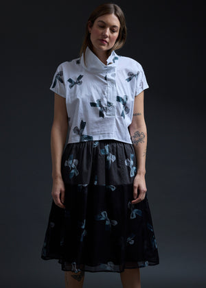 White Funnel Neck Bows Top