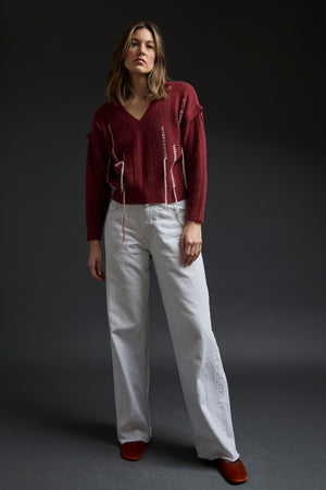 Brick Red Fringe V-Neck Pullover