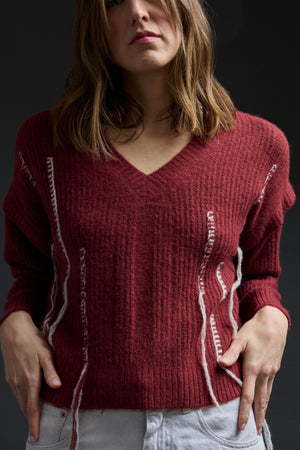 Brick Red Fringe V-Neck Pullover