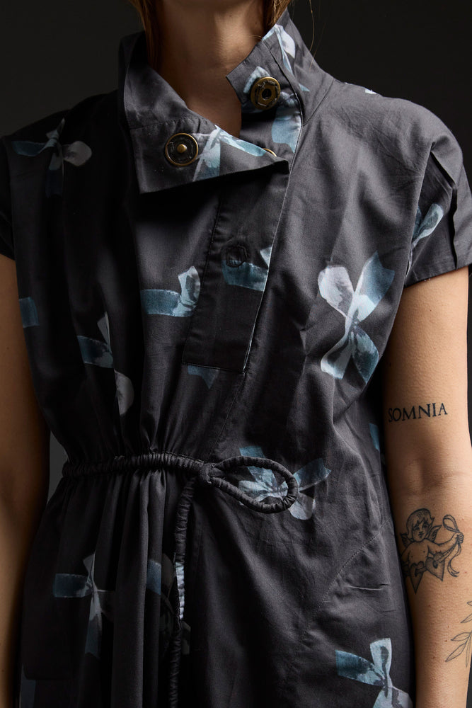 Black Funnel Neck Bows Dress