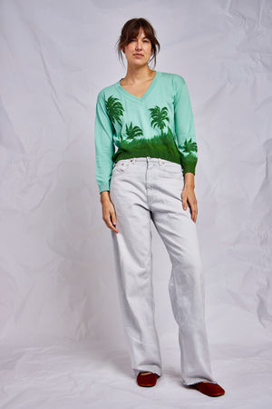 Sea Green Palm Tree Embroidery Sweater