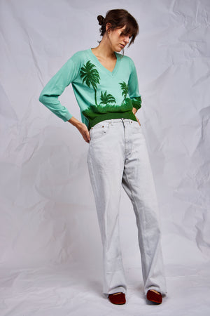 Sea Green Palm Tree Embroidery Sweater