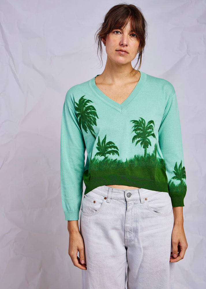 Sea Green Palm Tree Embroidery Sweater