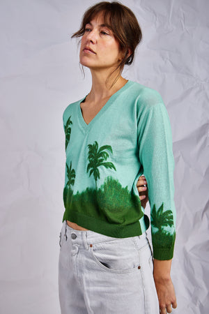 Sea Green Palm Tree Embroidery Sweater