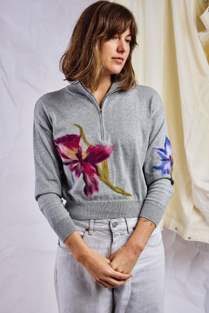 Flannel Floral Embroidery Zip Pullover