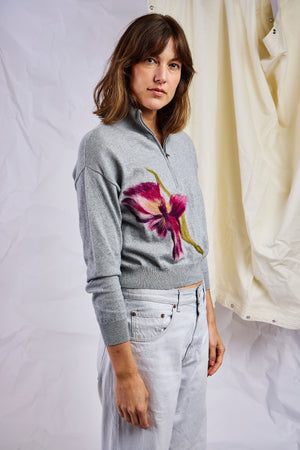 Flannel Floral Embroidery Zip Pullover