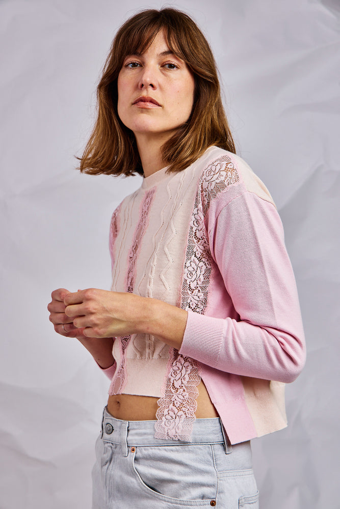 Pink Lace Front Slits Sweater