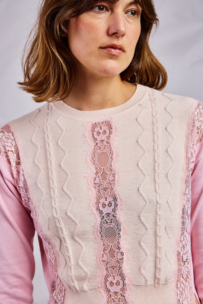 Pink Lace Front Slits Sweater