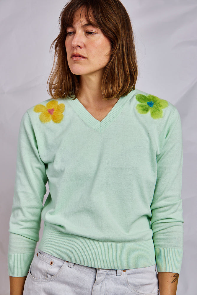 Mint Green Pansy Embroidery Sweater