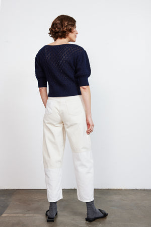 
            
                Load image into Gallery viewer, Navy Pointelle Stitch Sweater (Eco Collection)
            
        