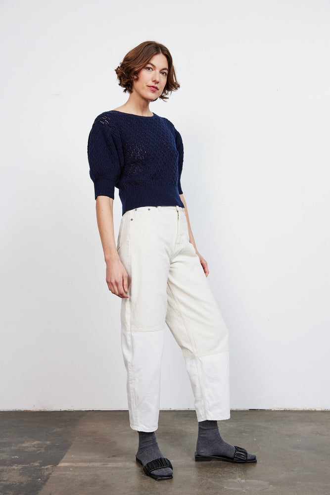 
            
                Load image into Gallery viewer, Navy Pointelle Stitch Sweater (Eco Collection)
            
        